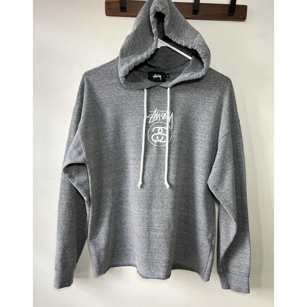 Stussy Gray Embroidered Logo Fleece Pullover Hoodie Solid Long Sleeve Small USA